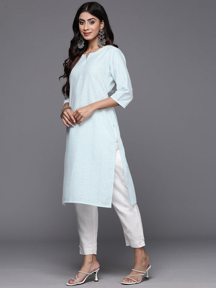 Blue Woven Design Cotton Straight Kurta - Libas