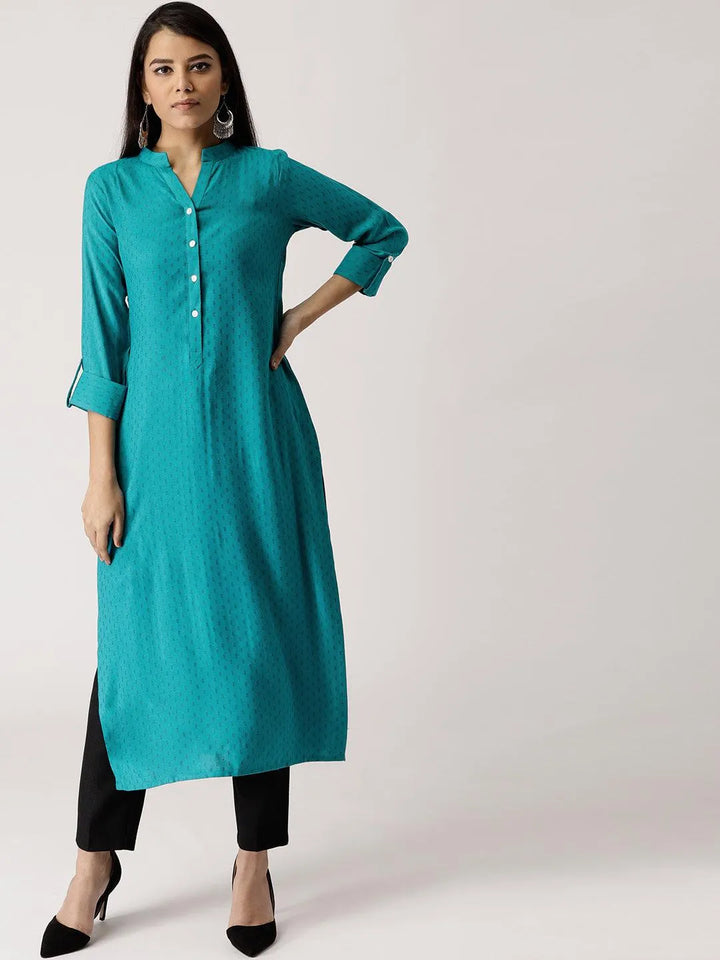 Blue Woven Design Rayon Kurta - Libas