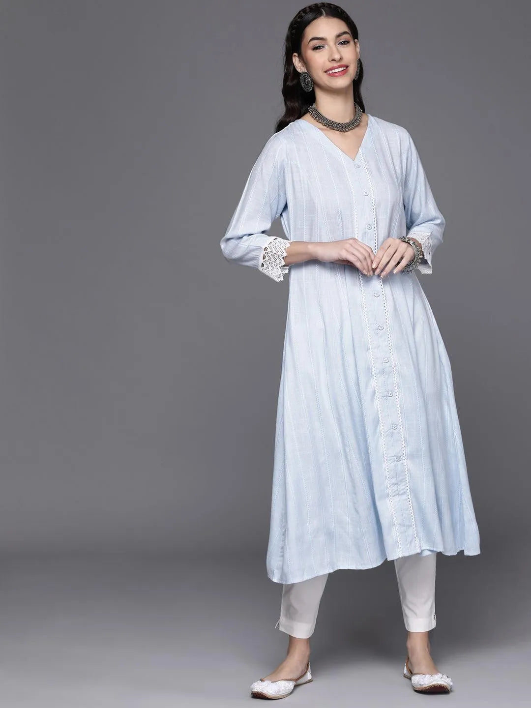 Blue Woven Design Rayon Kurta - Libas 