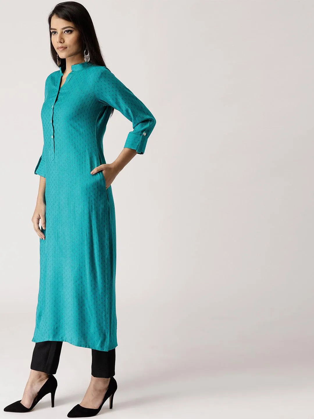 Blue Woven Design Rayon Kurta - Libas