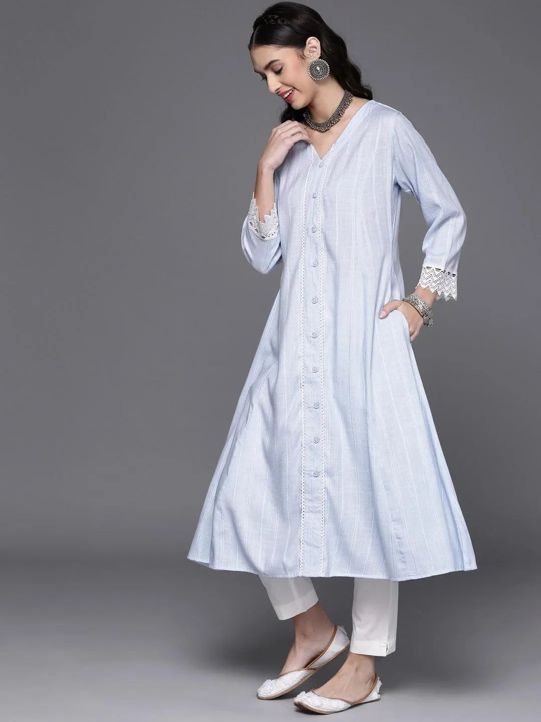 Blue Woven Design Rayon Kurta - Libas 