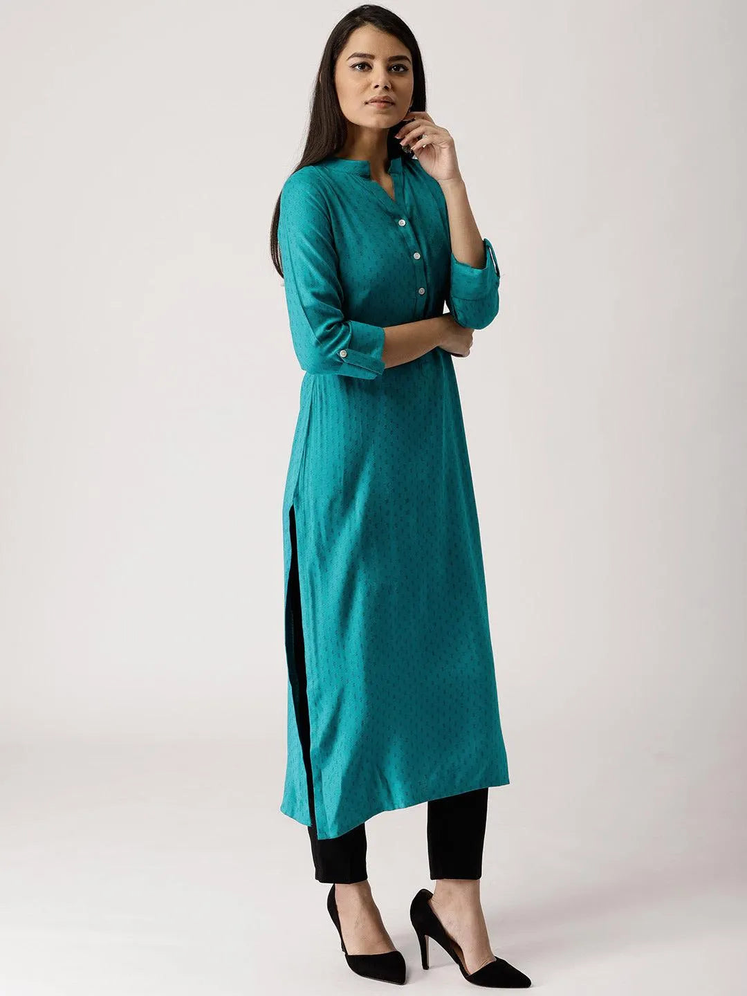 Blue Woven Design Rayon Kurta - Libas