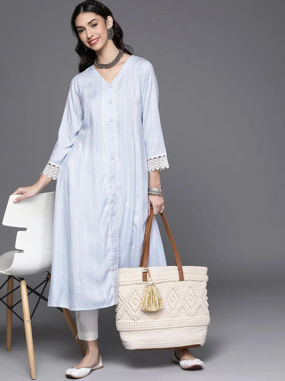 Blue Woven Design Rayon Kurta - Libas 