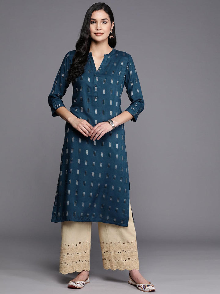 Blue Woven Design Rayon Straight Kurta - Libas