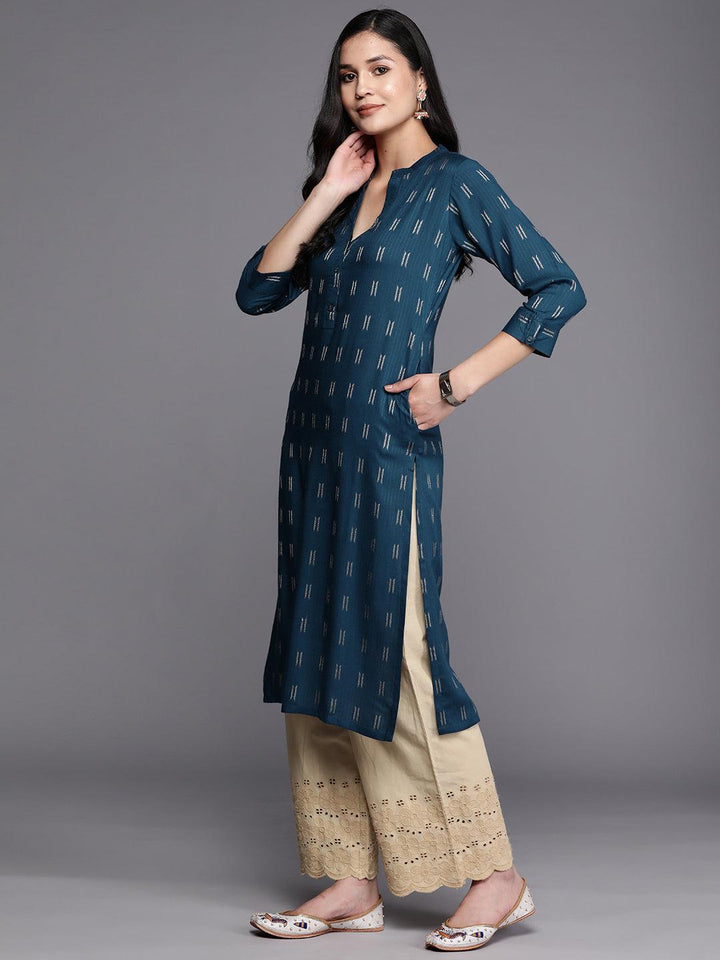 Blue Woven Design Rayon Straight Kurta - Libas