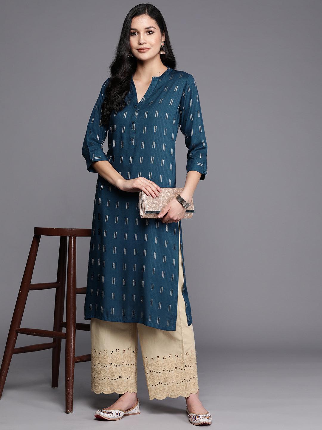 Blue Woven Design Rayon Straight Kurta - Libas