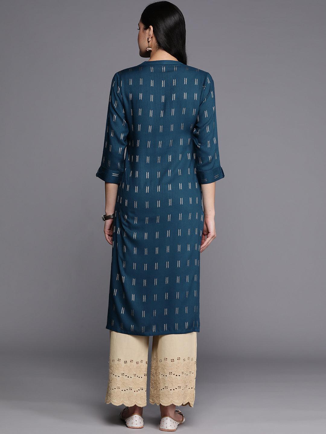 Blue Woven Design Rayon Straight Kurta - Libas