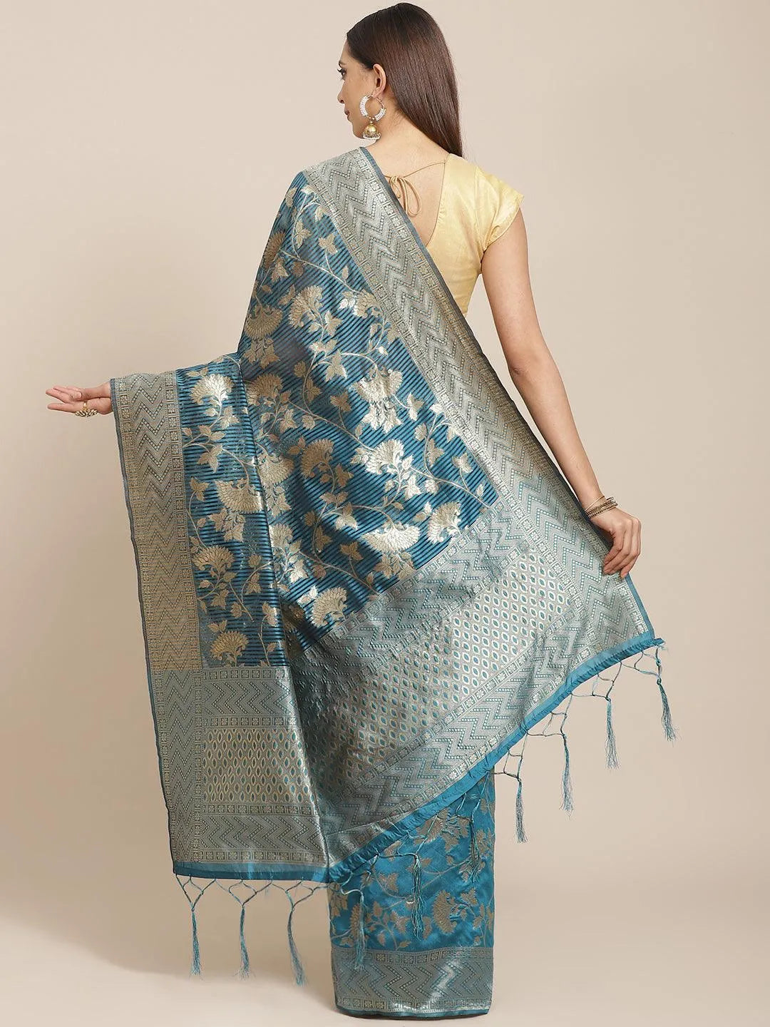 Blue Woven Design Silk Blend Saree - Libas