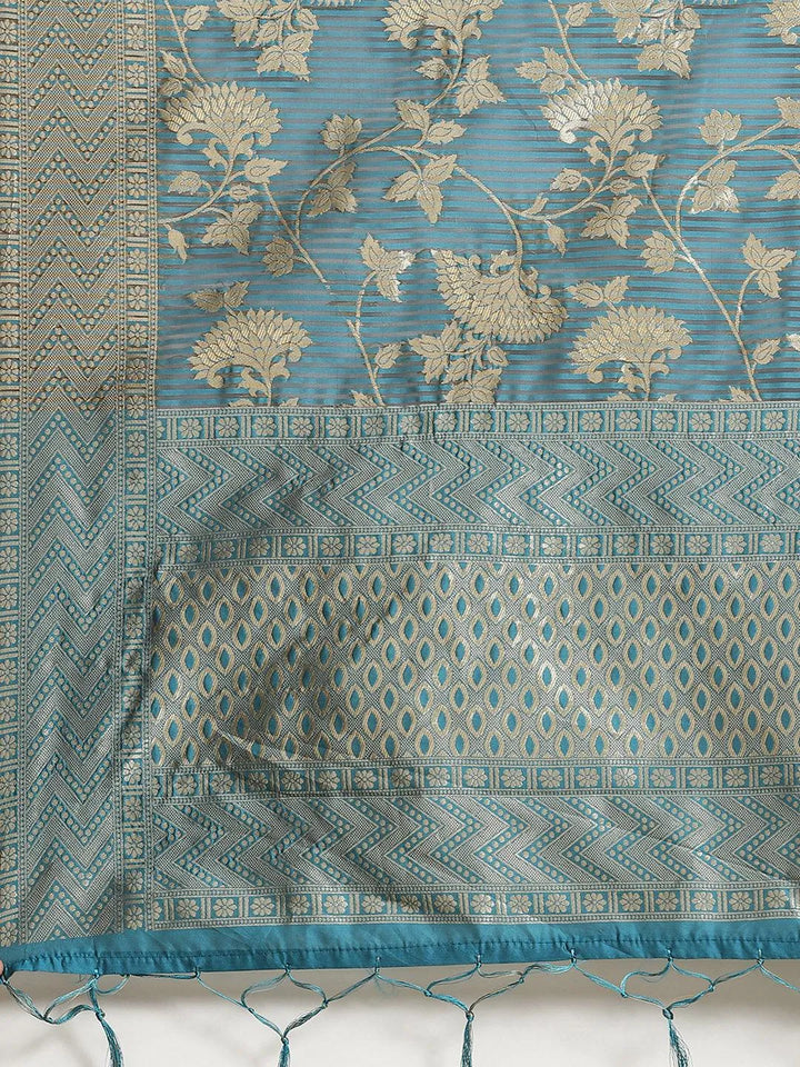 Blue Woven Design Silk Blend Saree - Libas