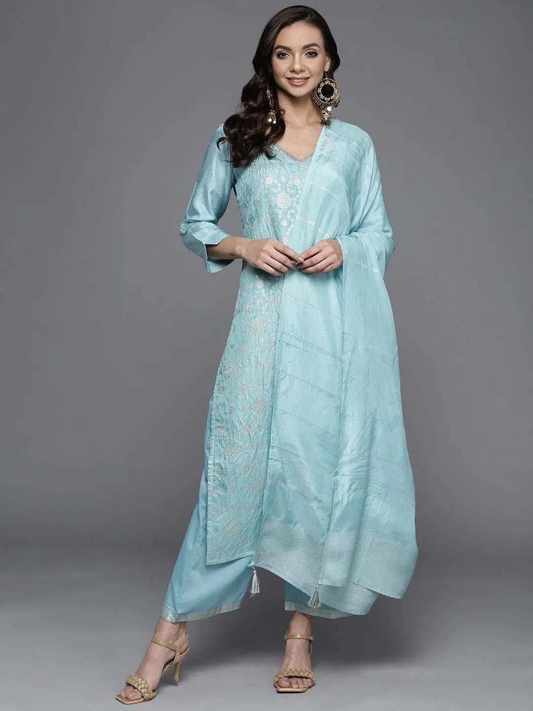 Blue Woven Design Silk Blend Straight Suit Set - Libas