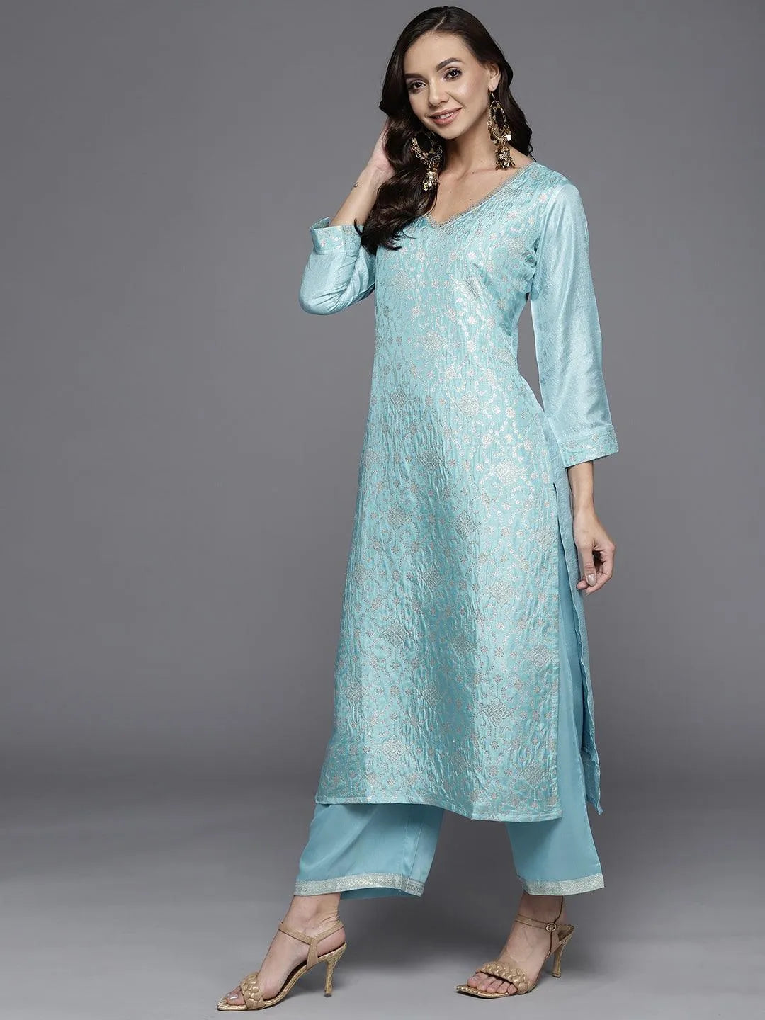 Blue Woven Design Silk Blend Straight Suit Set - Libas