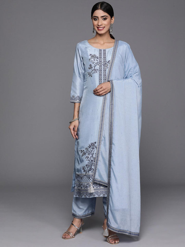 Blue Woven Design Silk Blend Straight Kurta With Trousers & Dupatta - Libas