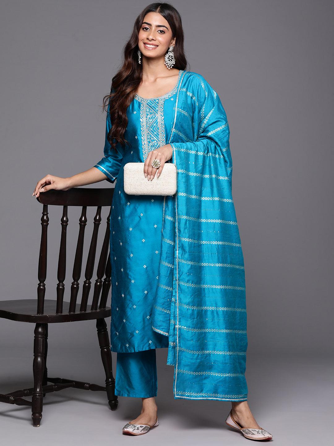 Blue Woven Design Silk Blend Straight Kurta With Trousers & Dupatta - Libas