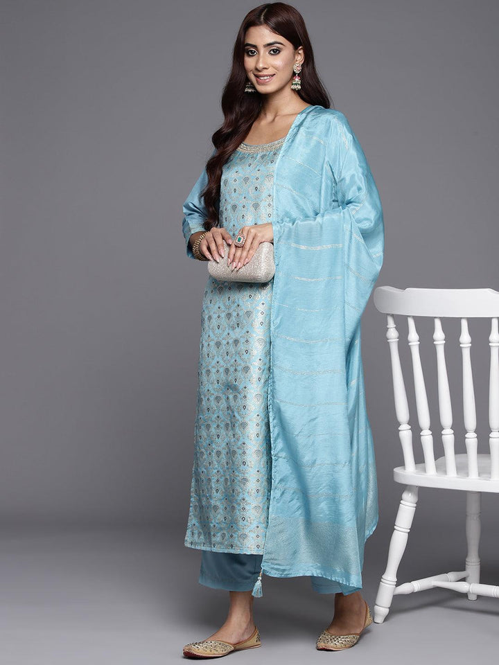 Blue Woven Design Silk Blend Straight Kurta With Trousers & Dupatta - Libas