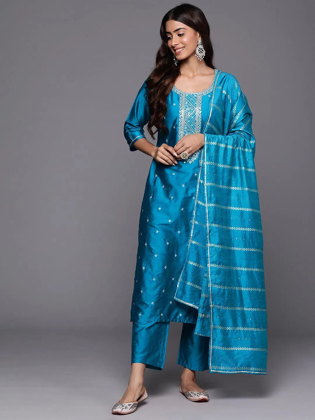 Blue Woven Design Silk Blend Straight Kurta With Trousers & Dupatta - Libas 