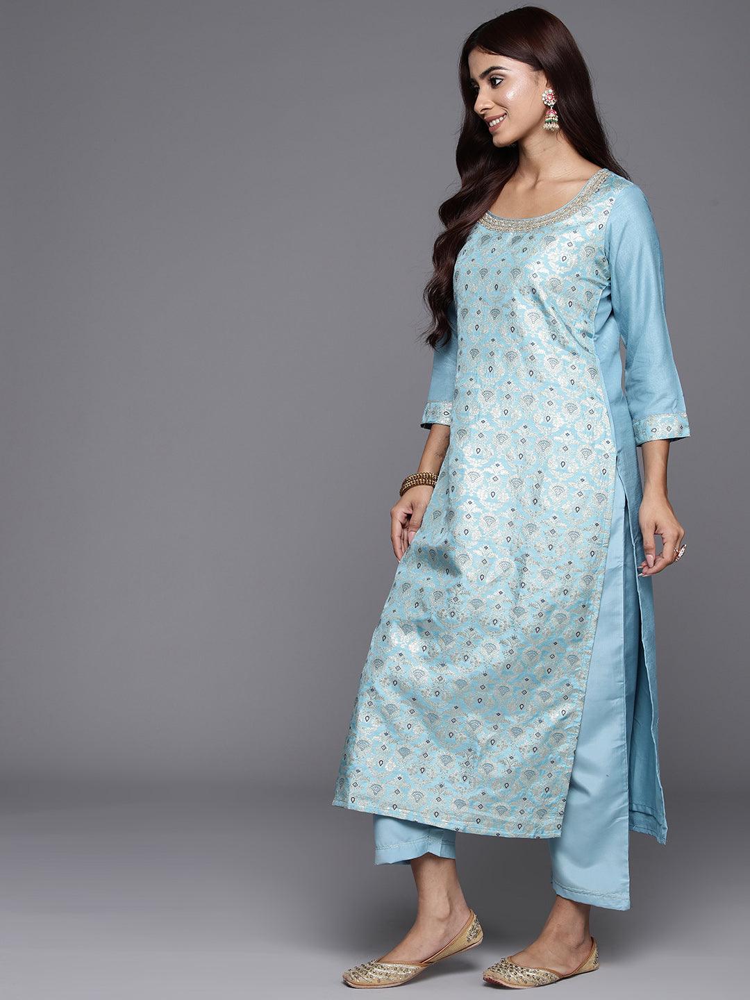 Blue Woven Design Silk Blend Straight Kurta With Trousers & Dupatta - Libas