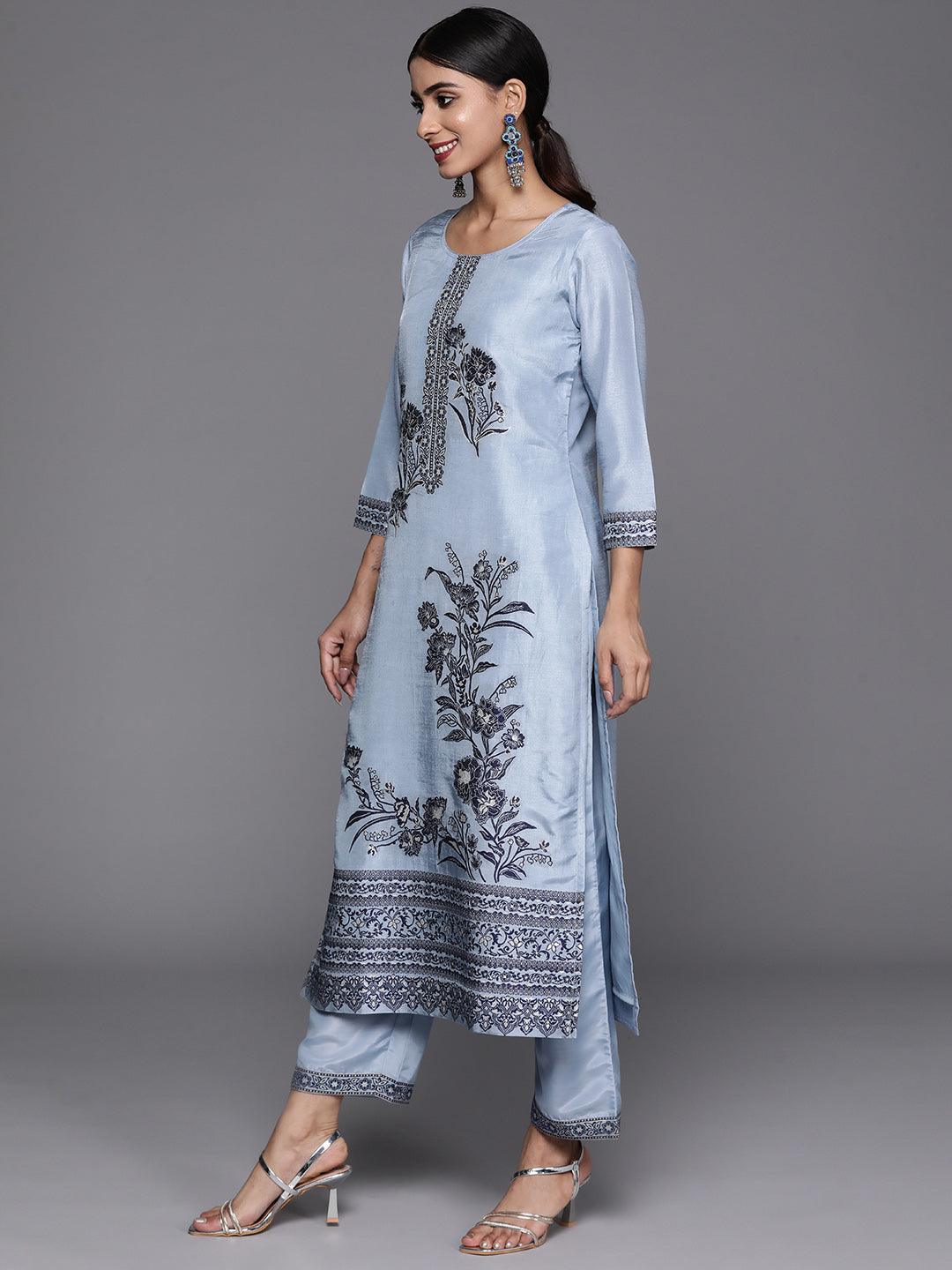 Blue Woven Design Silk Blend Straight Kurta With Trousers & Dupatta - Libas