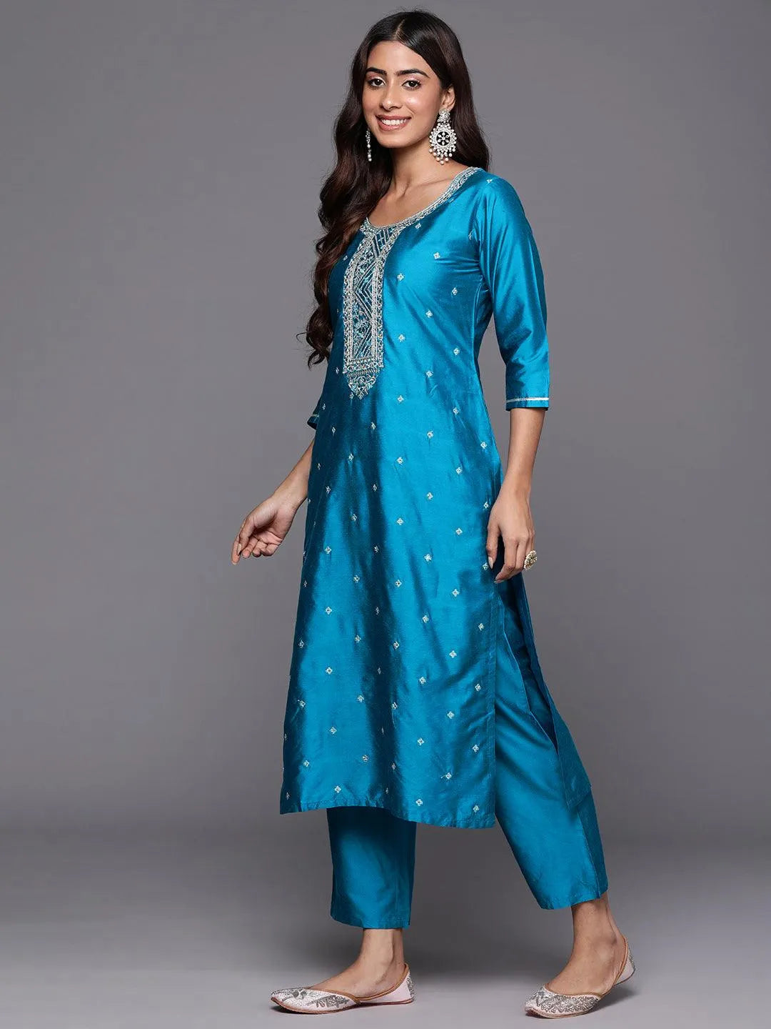 Blue Woven Design Silk Blend Straight Kurta With Trousers & Dupatta - Libas 