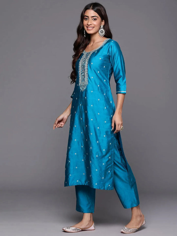 Blue Woven Design Silk Blend Straight Kurta With Trousers & Dupatta - Libas