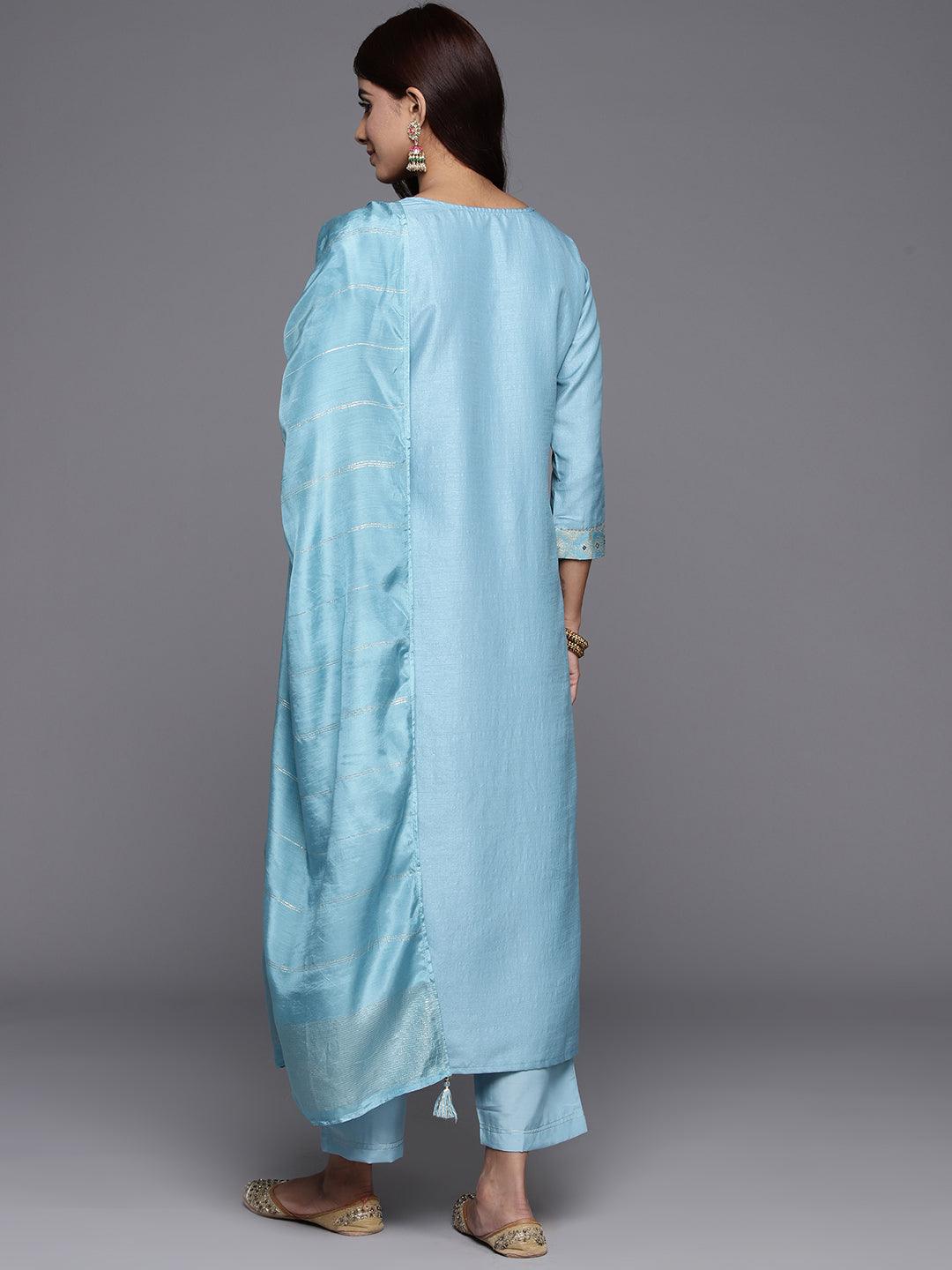 Blue Woven Design Silk Blend Straight Kurta With Trousers & Dupatta - Libas