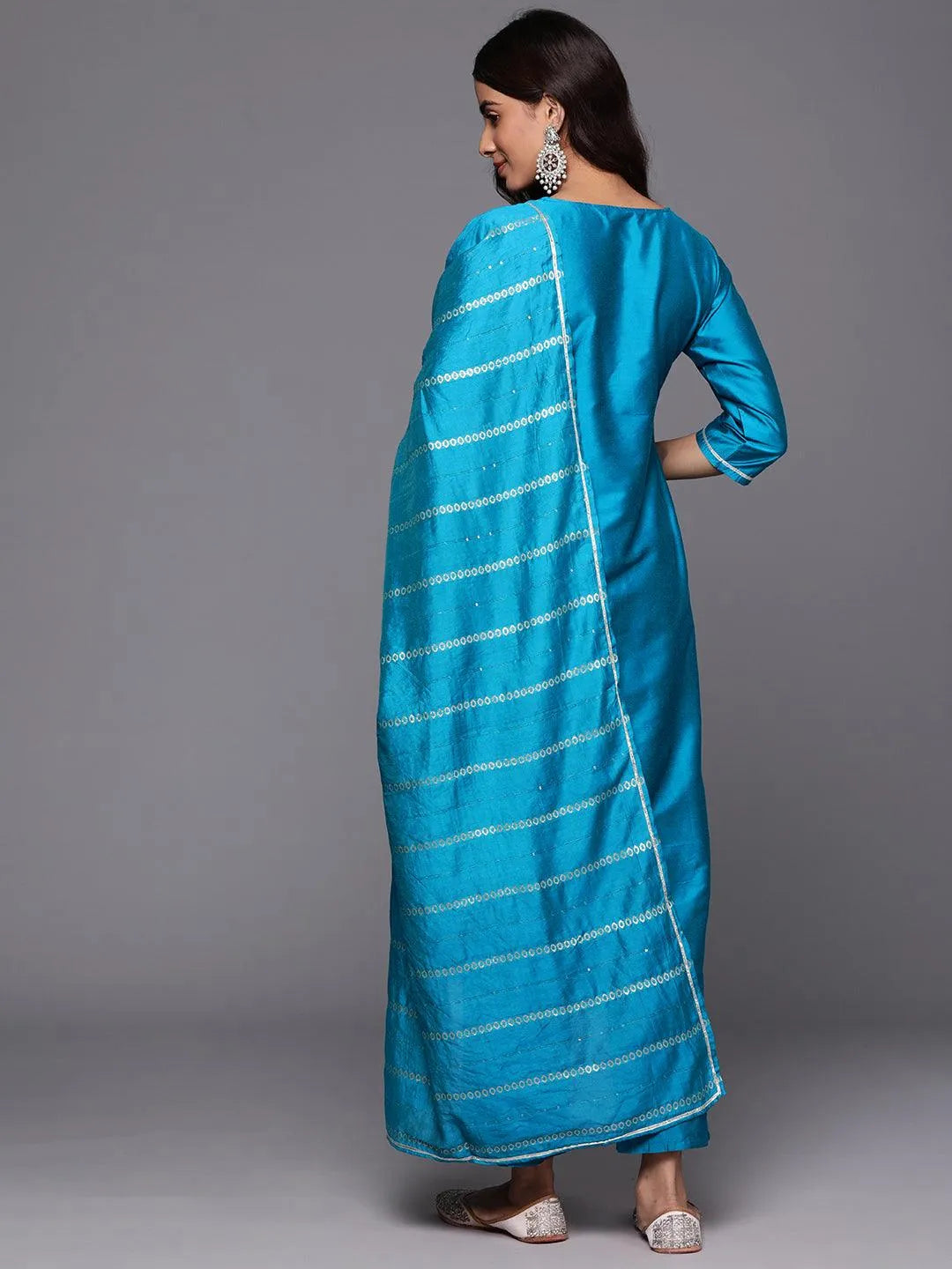 Blue Woven Design Silk Blend Straight Kurta With Trousers & Dupatta - Libas 