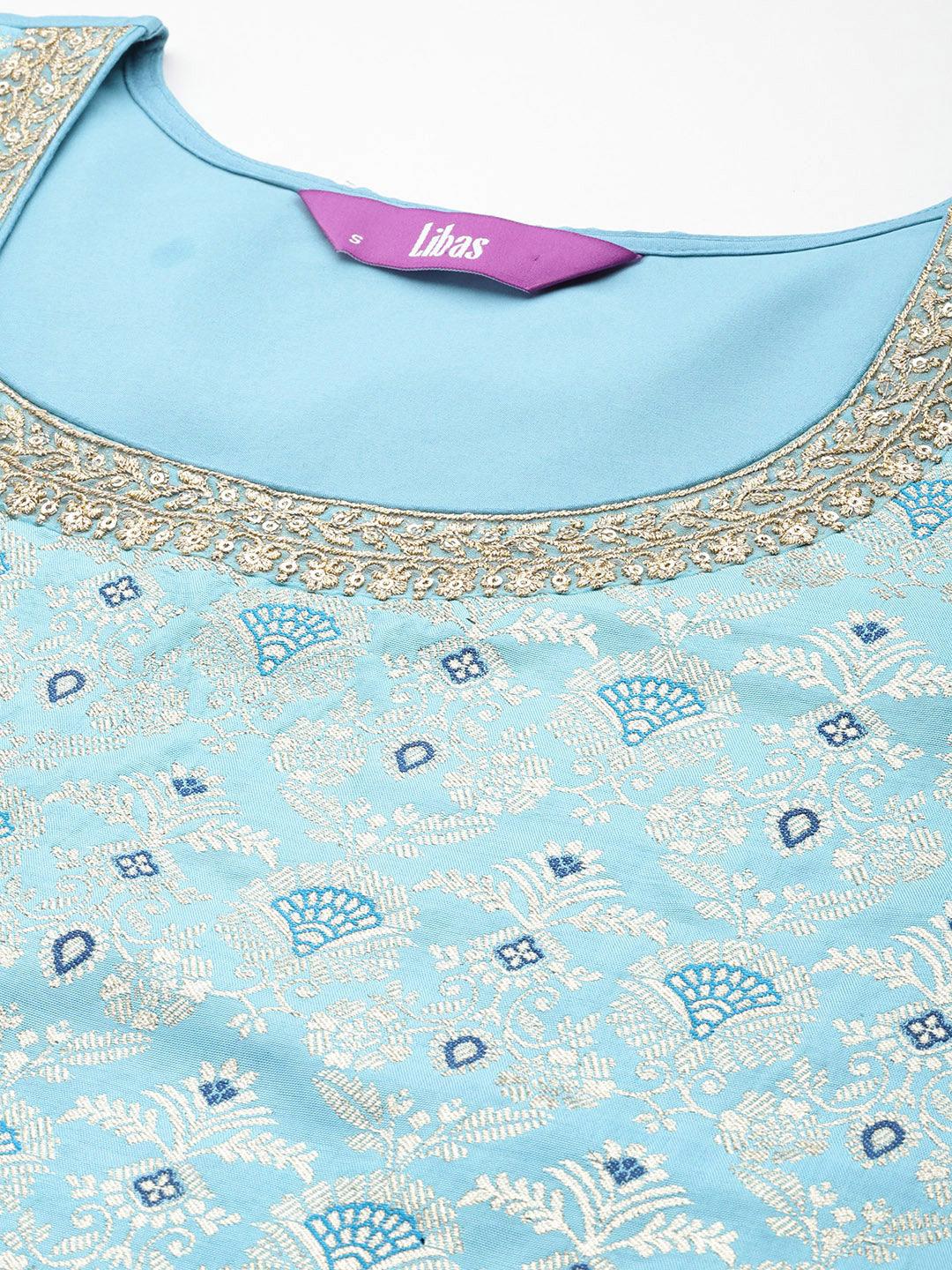 Blue Woven Design Silk Blend Straight Kurta With Trousers & Dupatta - Libas 