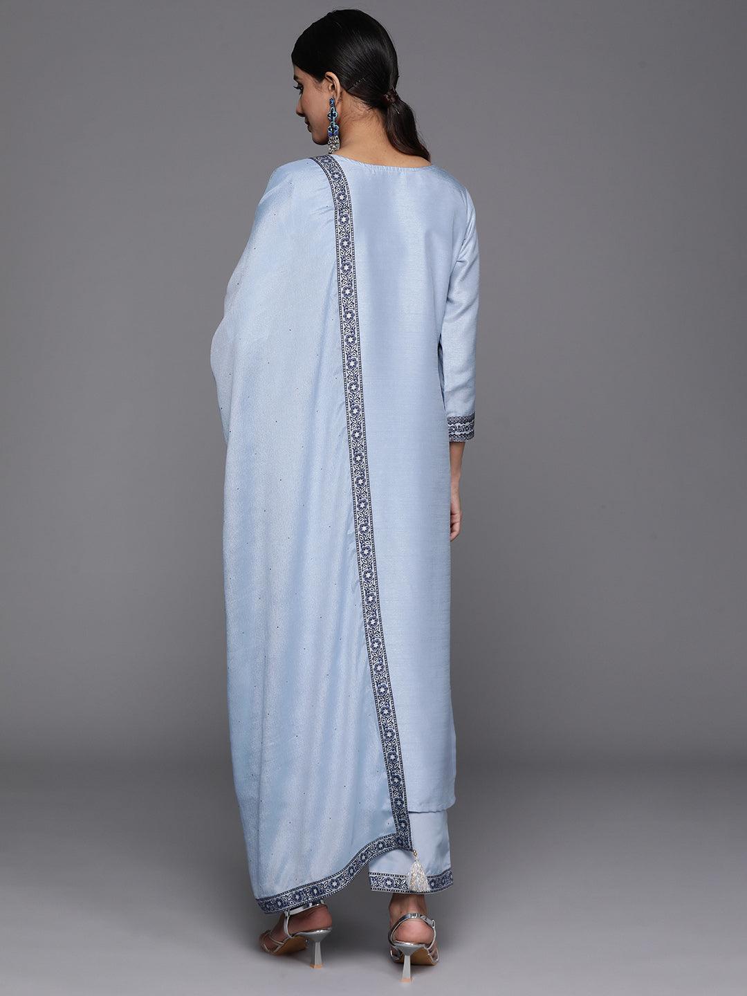 Blue Woven Design Silk Blend Straight Kurta With Trousers & Dupatta - Libas