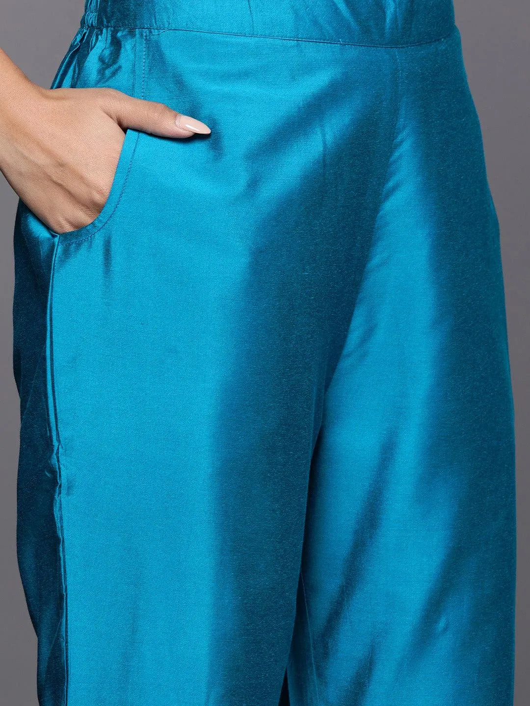 Blue Woven Design Silk Blend Straight Kurta With Trousers & Dupatta - Libas