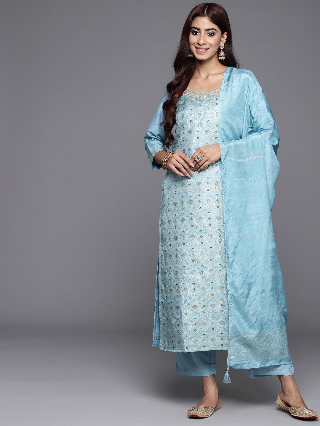 Blue Woven Design Silk Blend Straight Kurta With Trousers & Dupatta - Libas 