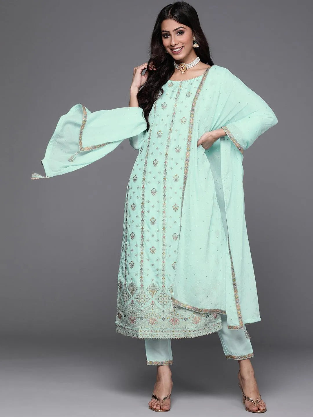 Blue Woven Design Silk Suit Set - Libas 