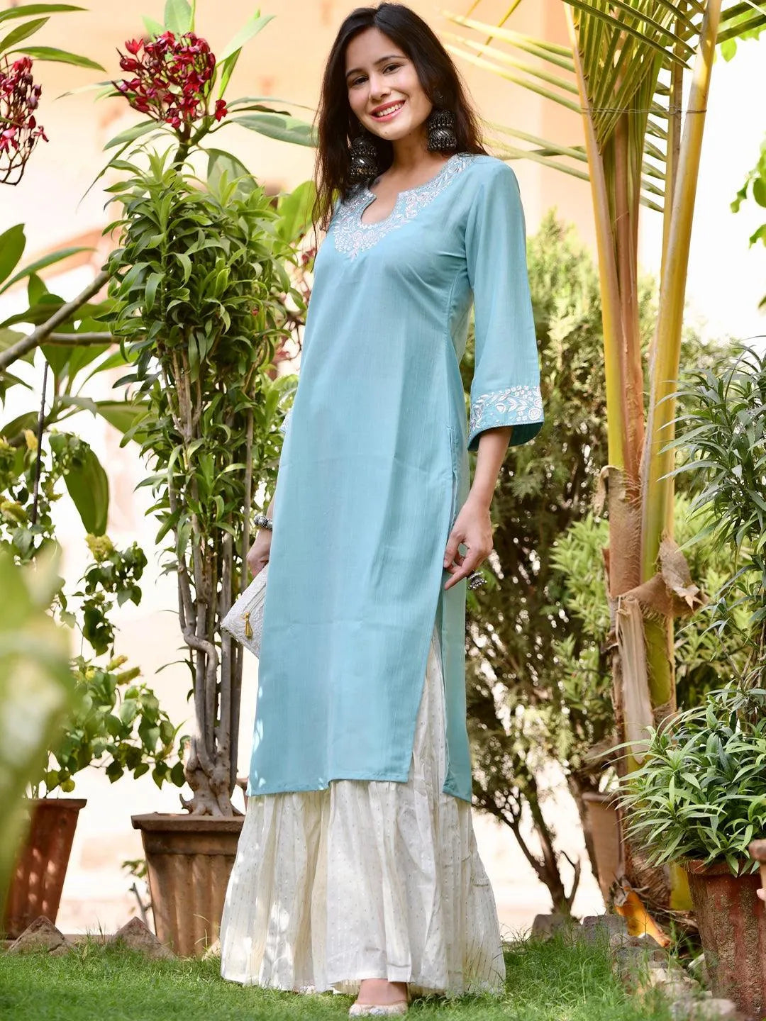 Blue Yoke Design Chanderi Silk Kurta - Libas