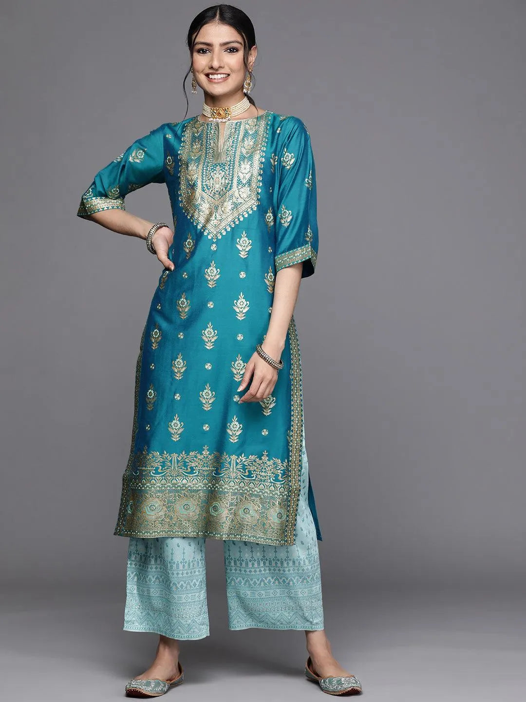 Blue Yoke Design Chanderi Silk Kurta - Libas 