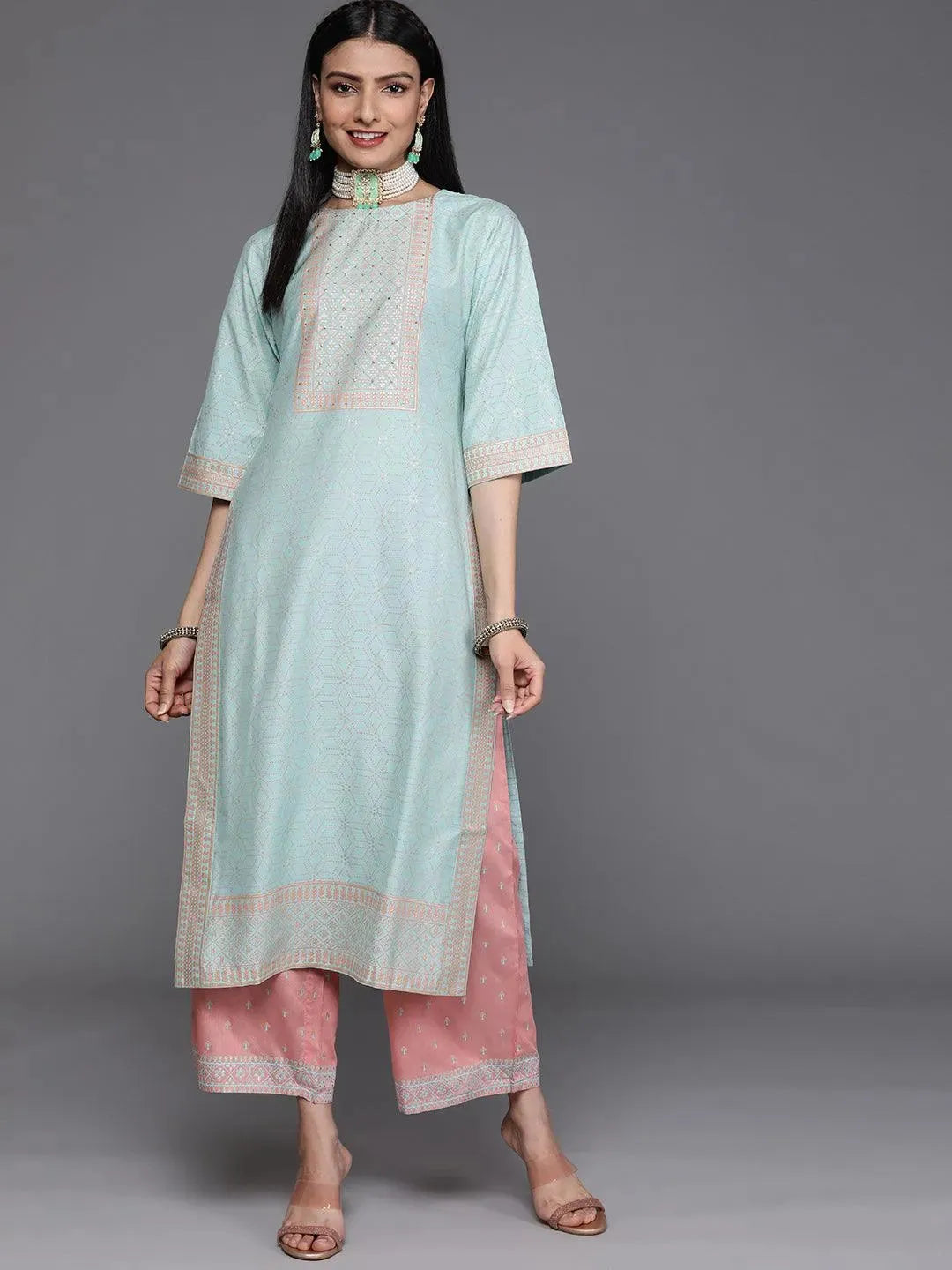 Blue Yoke Design Chanderi Silk Kurta - Libas 