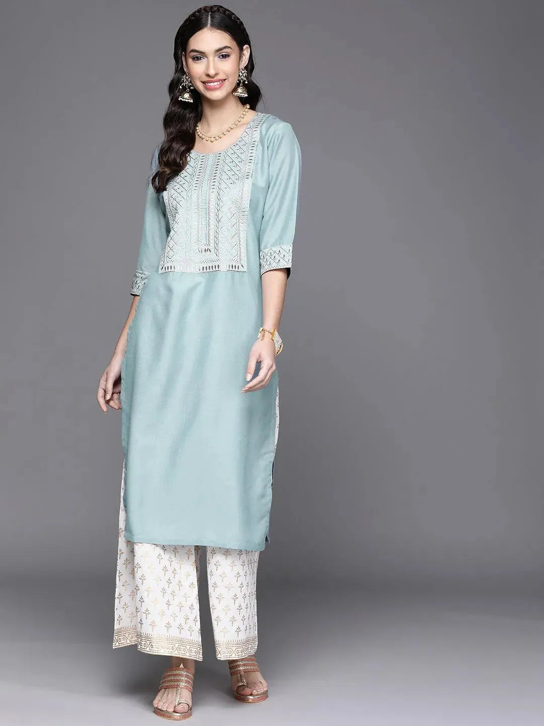 

Buy Blue Yoke Design Chanderi Silk Kurta - 23225O- | Libas Ethnic Wear Online