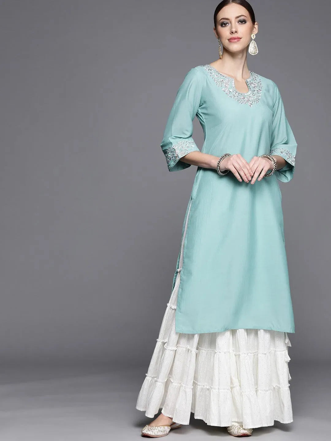 Blue Yoke Design Chanderi Silk Kurta - Libas