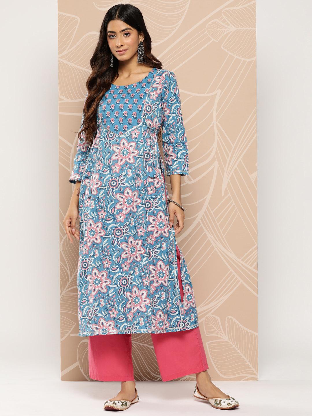 Blue Yoke Design Cotton A-Line Kurta - Libas