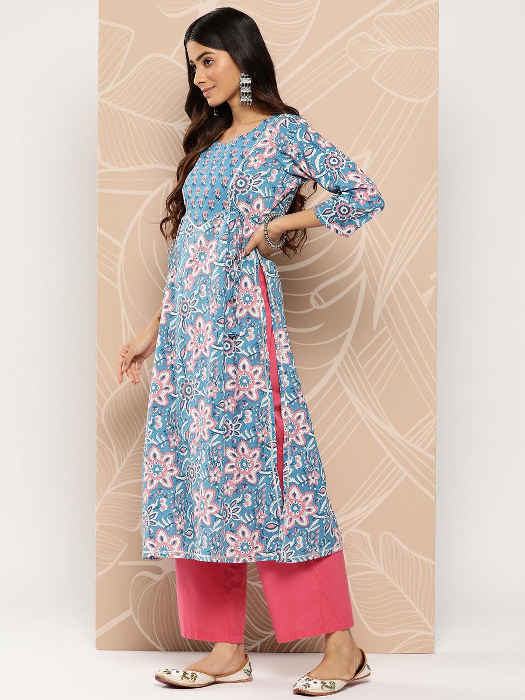 Blue Yoke Design Cotton A-Line Kurta - Libas 