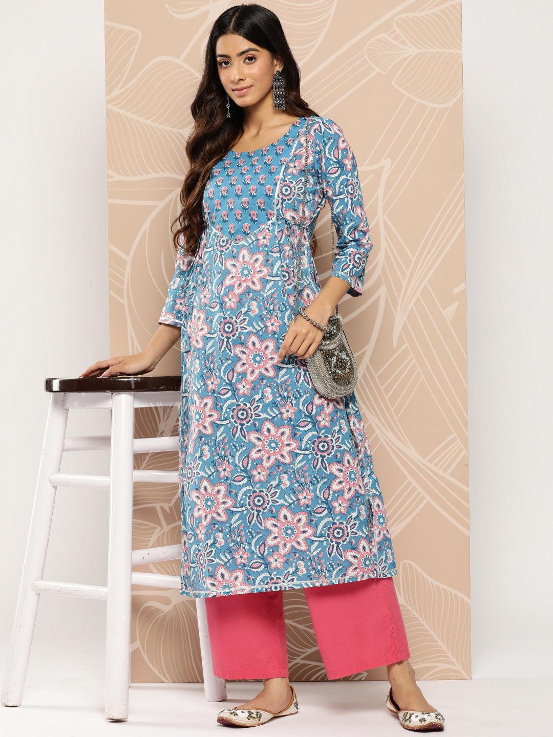 Blue Yoke Design Cotton A-Line Kurta - Libas 