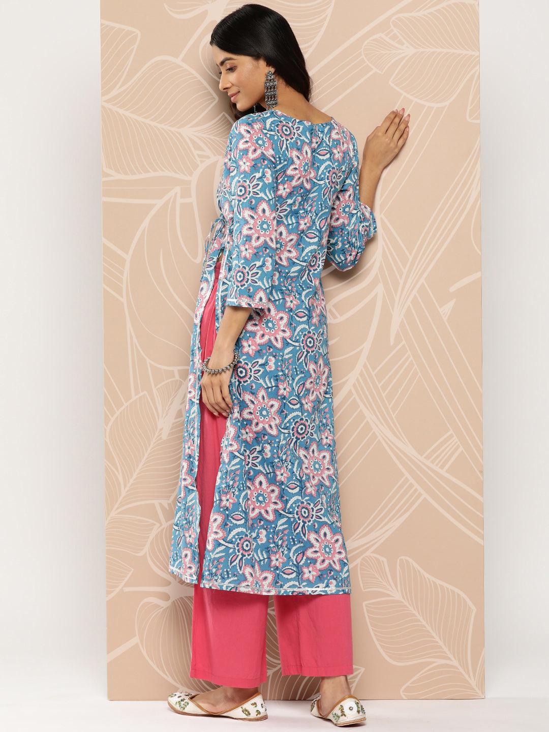 Blue Yoke Design Cotton A-Line Kurta - Libas 