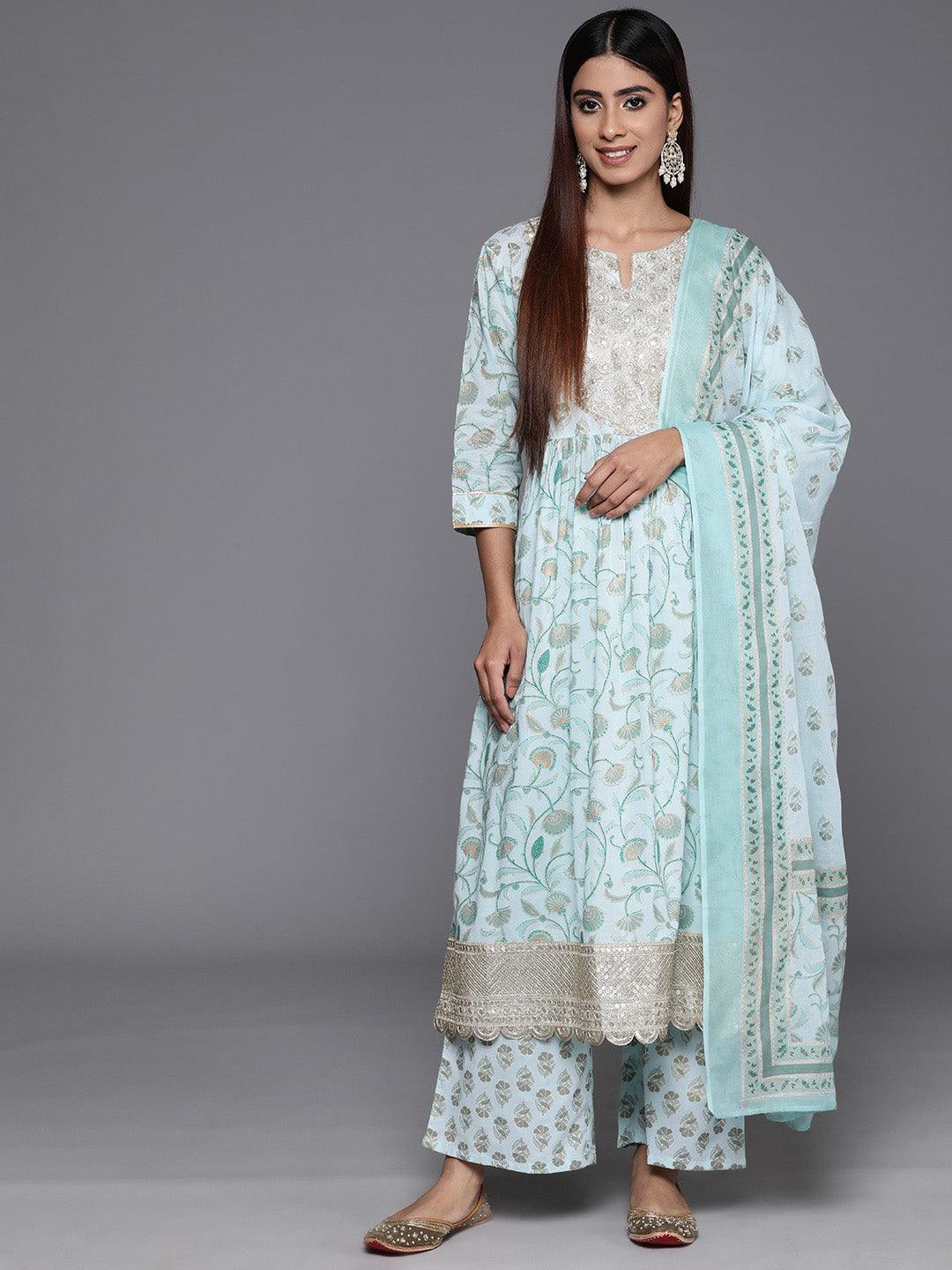 Blue Yoke Design Cotton A-Line Kurta With Palazzos & Dupatta - Libas 