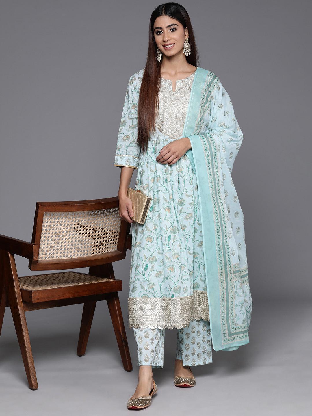 Blue Yoke Design Cotton A-Line Kurta With Palazzos & Dupatta - Libas 