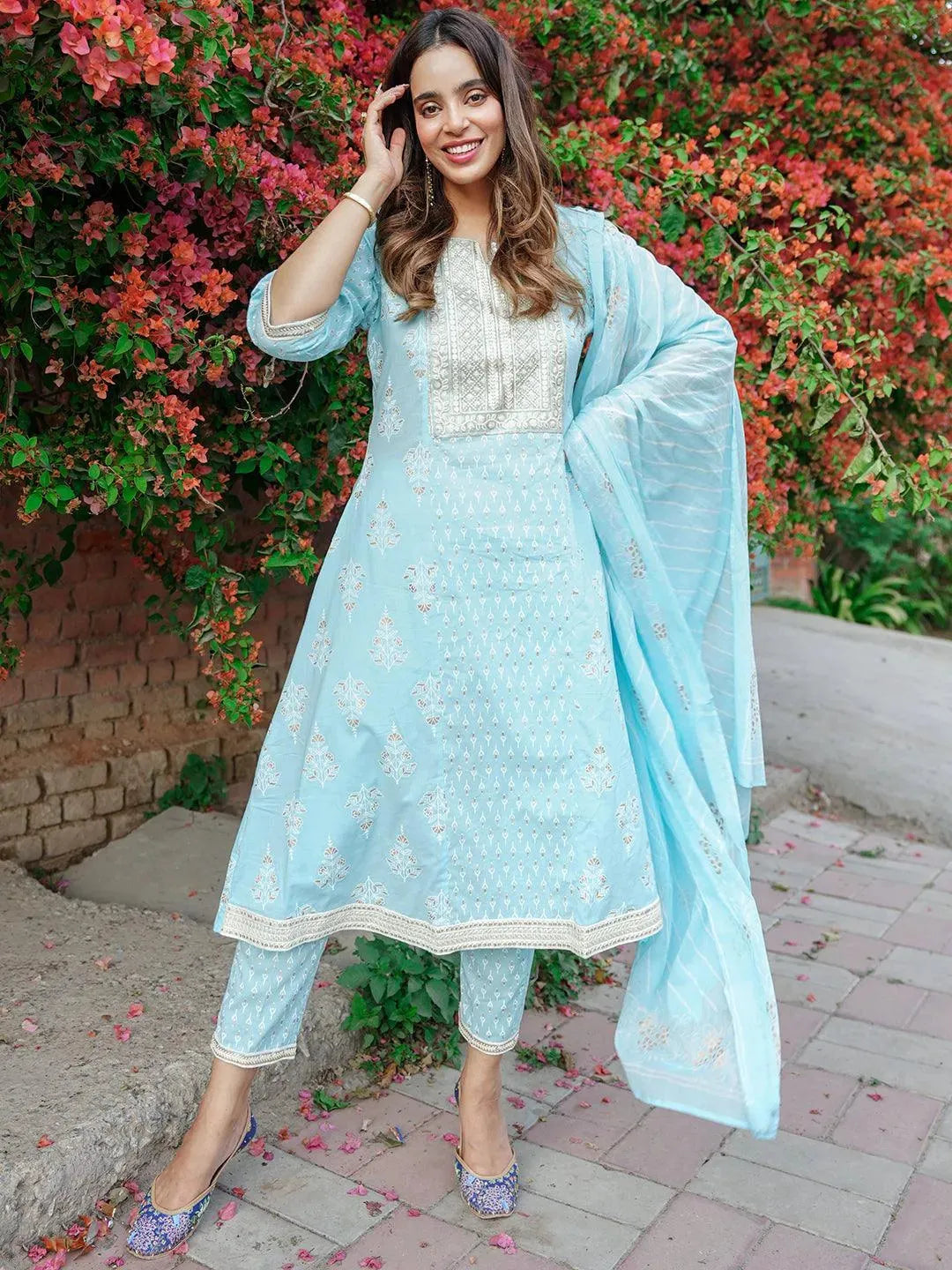 

Blue Yoke Design Cotton A-Line Kurta With Trousers & Dupatta