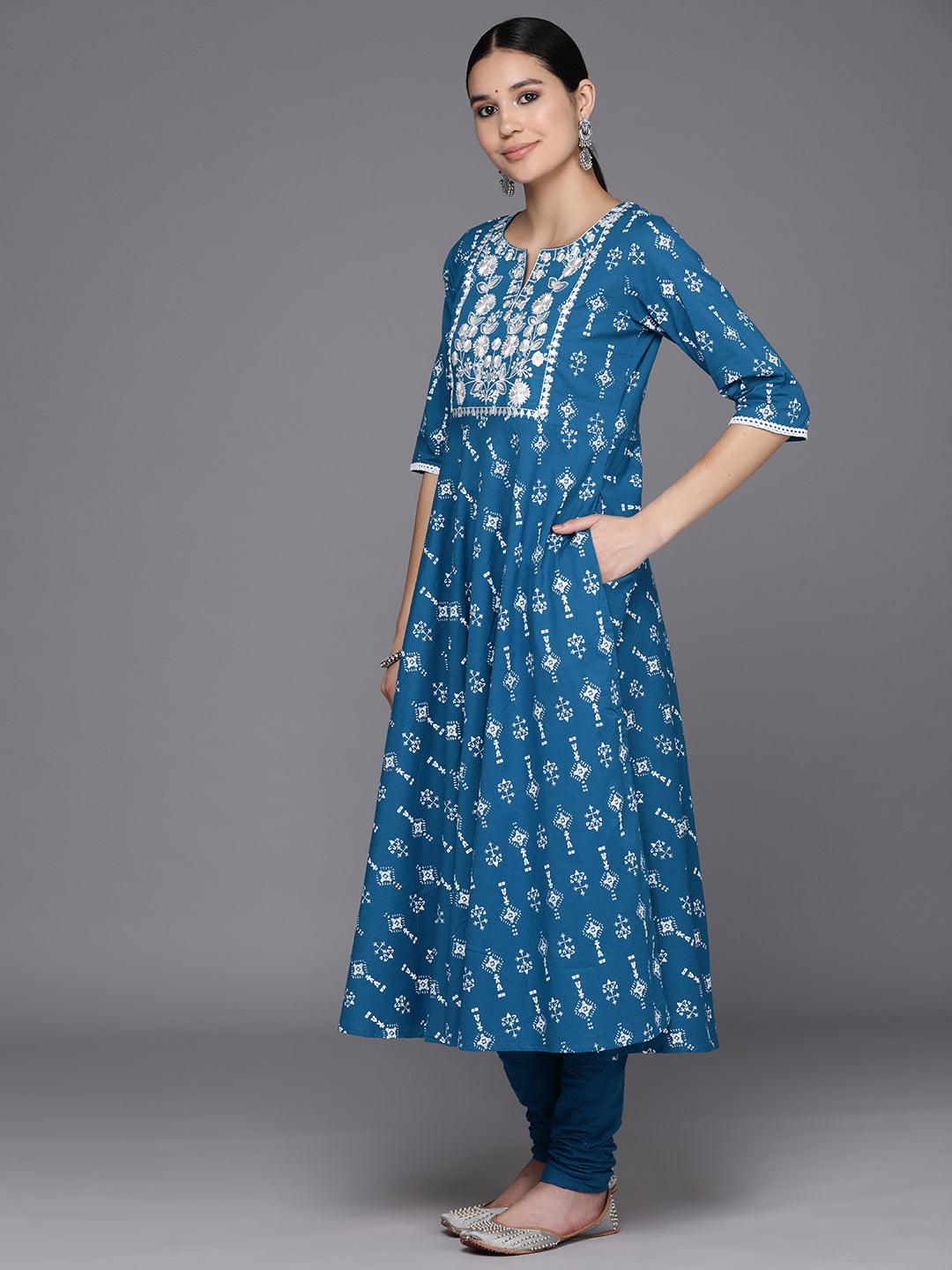 Blue Yoke Design Cotton Anarkali Kurta With Churidar & Dupatta