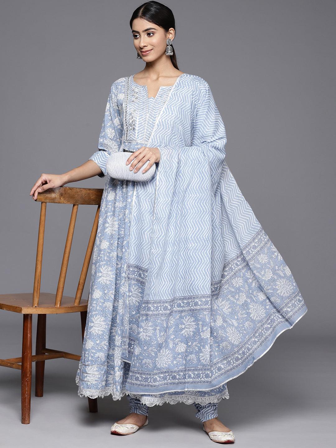 Blue Yoke Design Cotton Anarkali Kurta With Churidar & Dupatta - Libas