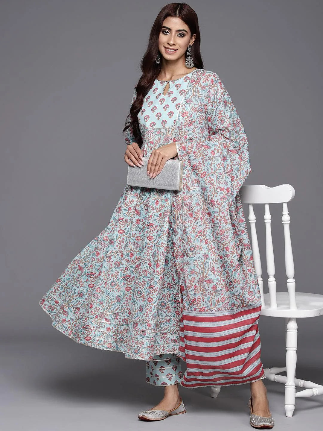 Blue Yoke Design Cotton Anarkali Kurta With Trousers & Dupatta - Libas