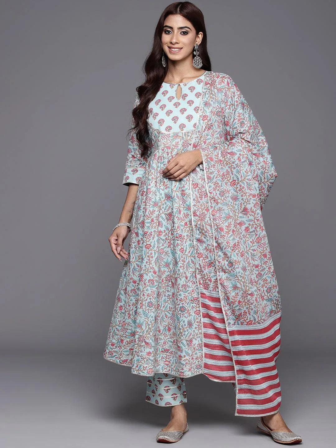 Blue Yoke Design Cotton Anarkali Kurta With Trousers & Dupatta - Libas 