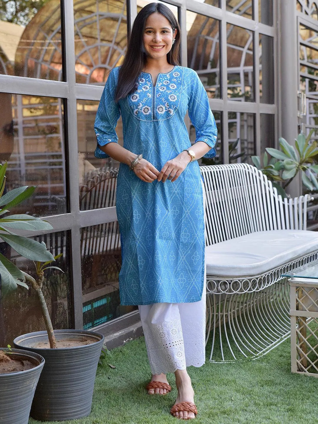 Blue Yoke Design Cotton Straight Kurta - Libas 