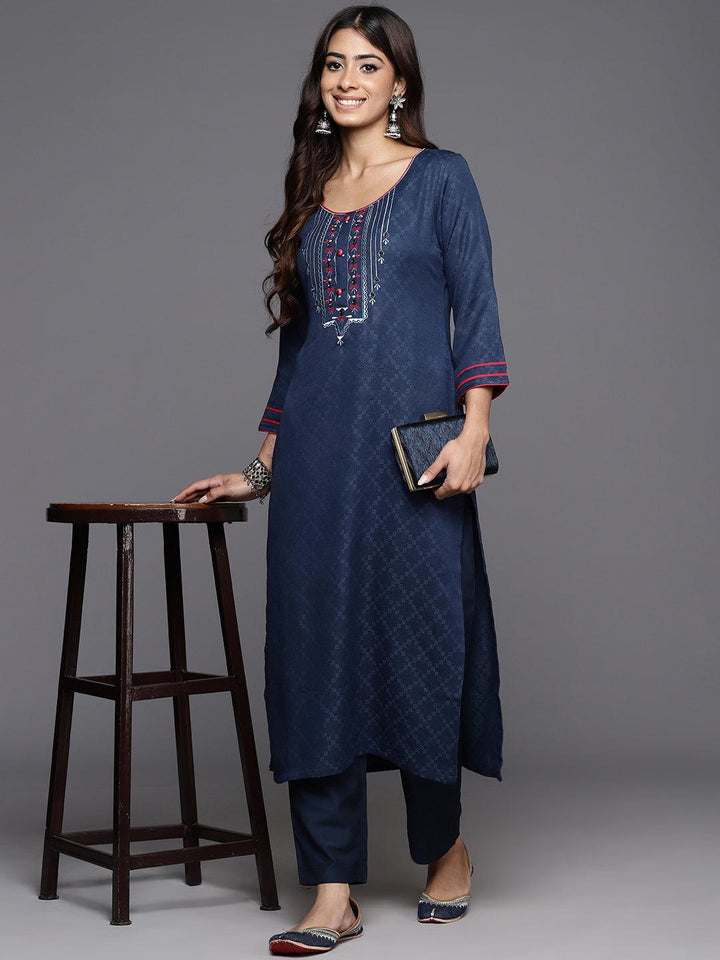 Blue Yoke Design Cotton Straight Kurta - Libas