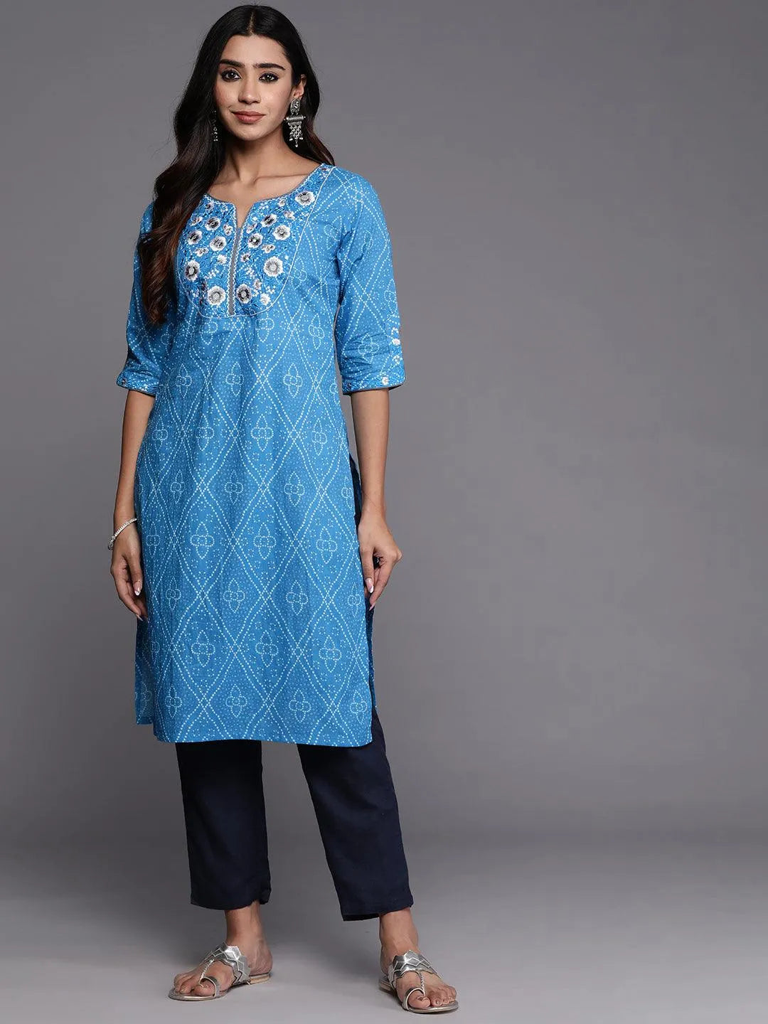 Blue Yoke Design Cotton Straight Kurta - Libas 