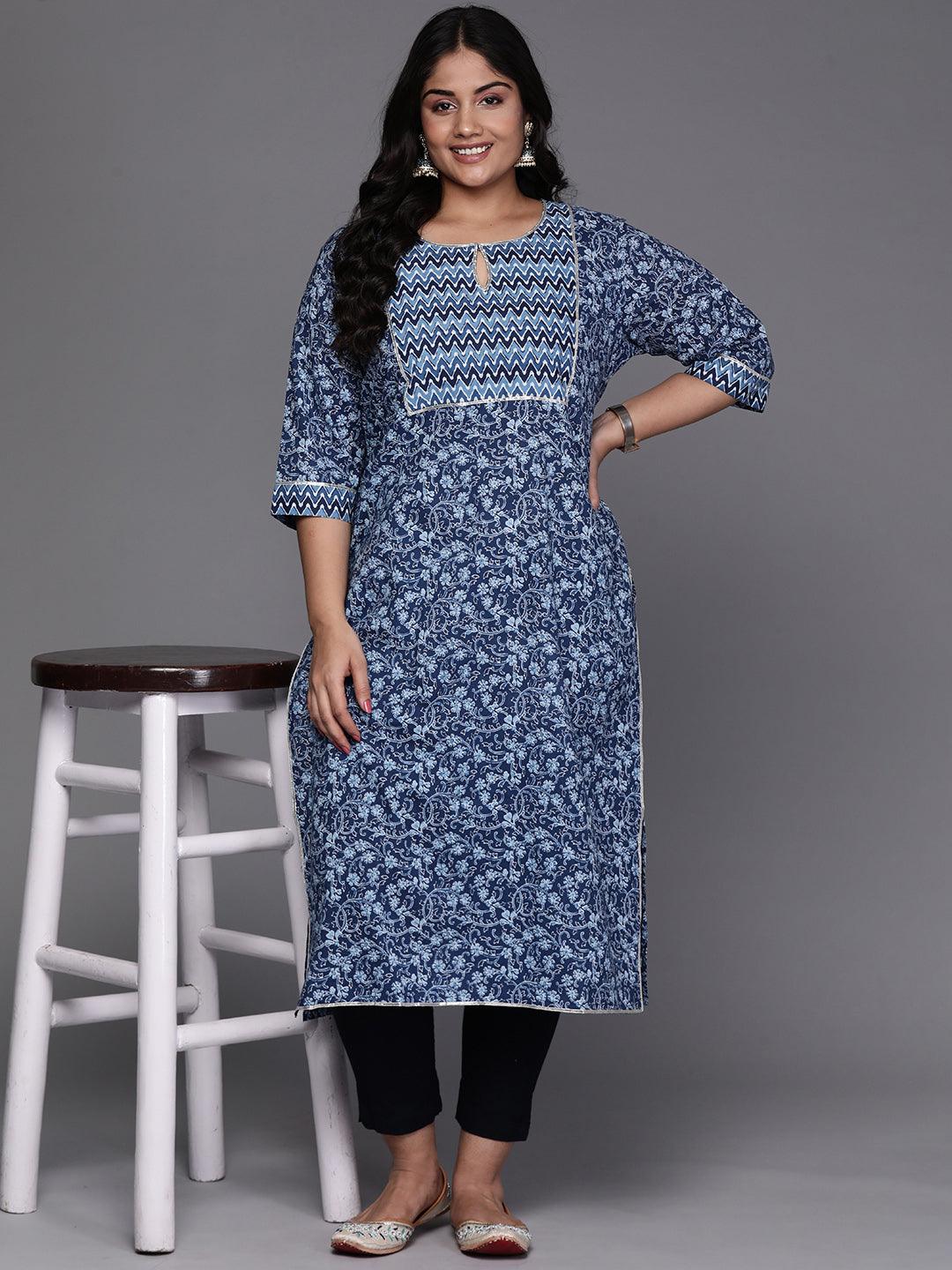 Blue Yoke Design Cotton Straight Kurta - Libas